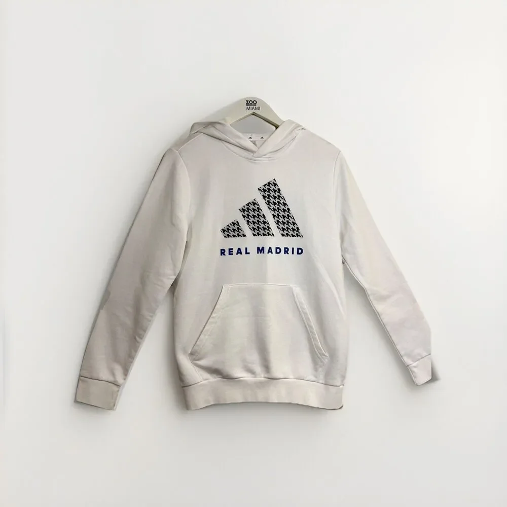Real Madrid Adidas Youth Large DNA Athletic Pullover Hoodie White French Terry